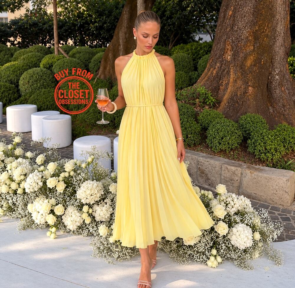 Mango NWT Butter Yellow Pleated Halter Midi Dress 8